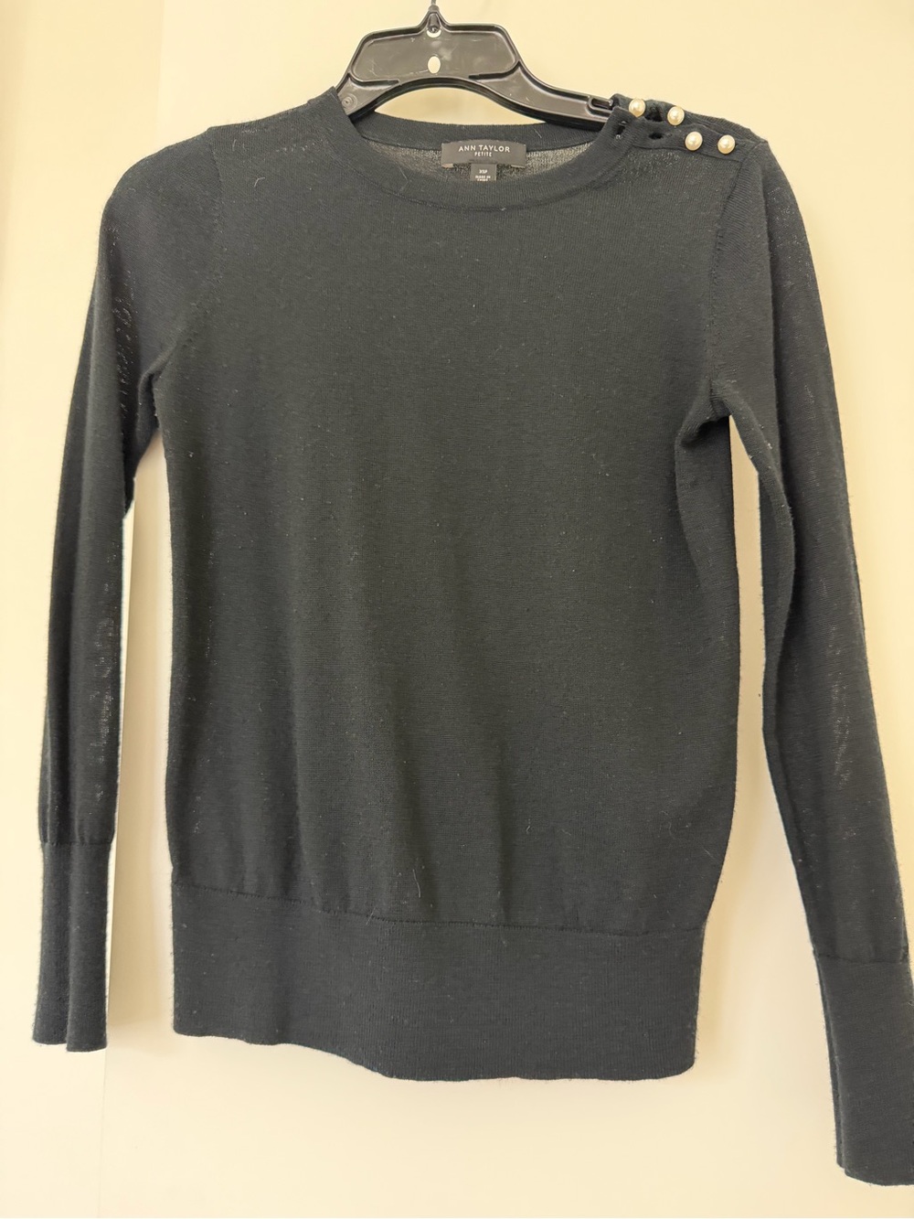 Ann Taylor Black Long-Sleeve Crewneck Sweater with Shoulder Buttons